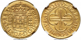 Pedro II gold 4000 Reis 1697-(B) AU Details (Cleaned) NGC, Bahia mint, KM89, LMB-25, Guimaraes-1697-2a. Second type, narrow crown. "PORTVGxREX? (inver...