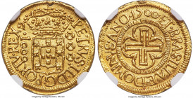Pedro II gold 1000 Reis 1700-(R) UNC Details (Mount Removed) NGC, Rio de Janeiro mint, KM96, cf. LMB-28 (unlisted variety), Guimaraes-1700-1a. "PORTV....