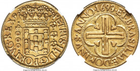 Pedro II gold 4000 Reis 1699/8-(R) AU53 NGC, Rio de Janeiro mint, KM98, LMB-31b, Guimaraes-1699/8-3a. First type. "PORTVGxREX? (inverted ?)" variety. ...