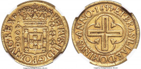Pedro II gold 4000 Reis 1699-(R) AU50 NGC, Rio de Janeiro mint, KM98, LMB-31e, Guimaraes-1699-4a. Second type. "PORTVG.REX? (inverted ?)" variety. Str...