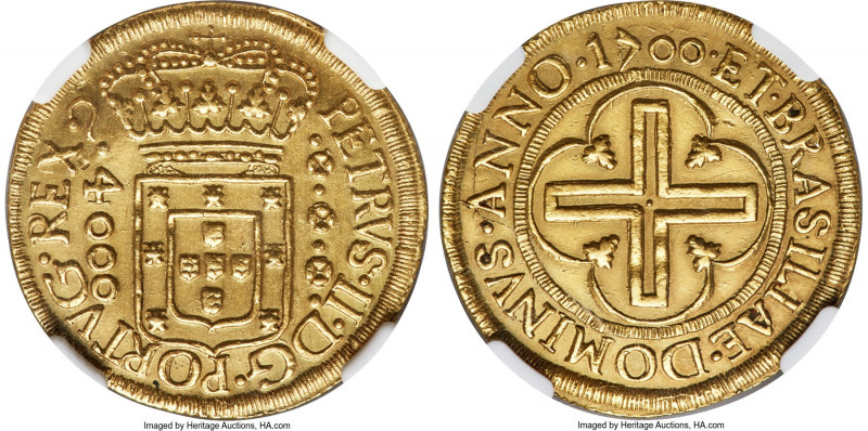 Pedro II gold 4000 Reis 1700 7/6-(R) AU Details (Repaired) NGC, Rio de Janeiro m...
