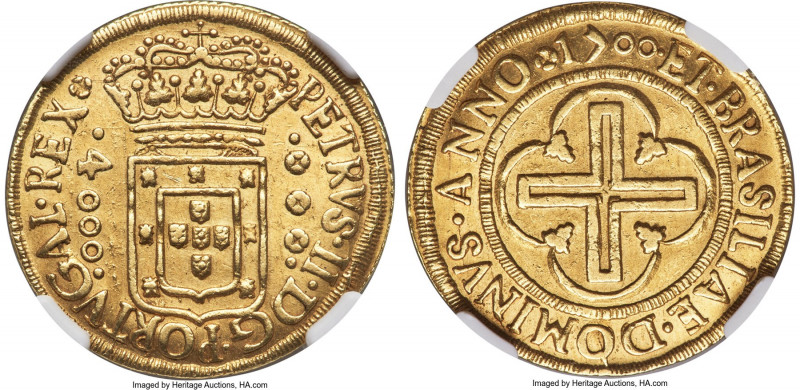 Pedro II gold 4000 Reis 1700-(R) AU Details (Brushed) NGC, Rio de Janeiro mint, ...