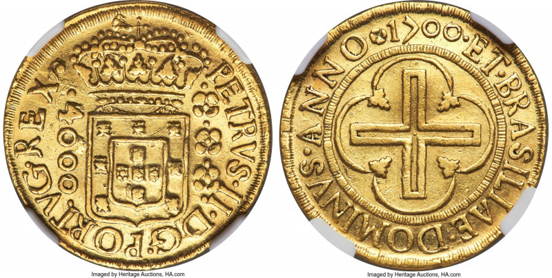 Pedro II gold 4000 Reis 1700-(R) XF Details (Spot Removals) NGC, Rio de Janeiro ...