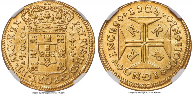Pedro II gold 4000 Reis 1703-R AU Details (Repaired) NGC, Rio de Janeiro mint, K...
