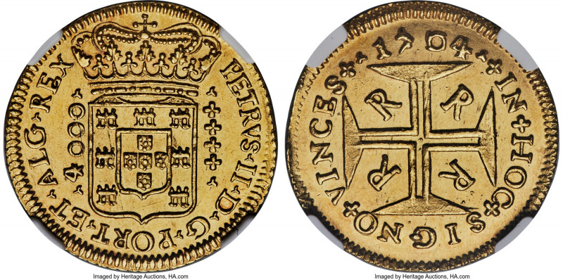 Pedro II gold 4000 Reis 1704-R MS63 NGC, Rio de Janeiro mint, KM101, LMB-35, Gui...