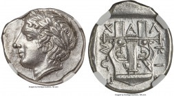 MACEDON. Chalcidian League. Ca. 432-348 BC. AR tetradrachm (26mm, 14.45 gm, 3h). NGC Choice AU S 5/5 - 4/5. Olynthus, ca. 390 BC. Laureate head of Apo...