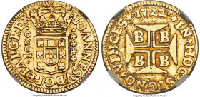 João V gold 1000 Reis (Quartinho) 1722-B XF Details (Harshly Cleaned) NGC, Bahia mint, KM104 (this coin), LMB-48, Guimaraes-1722-1.1. A well-struck pi...