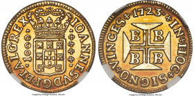 João V gold 1000 Reis (Quartinho) 1723-B AU Details (Cleaned) NGC, Bahia mint, KM104, LMB-49, Guimaraes-1723-1.1. A fully struck survivor, showing cri...