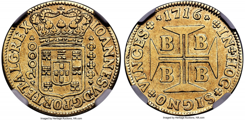 João V gold 2000 Reis 1716-B AU Details (Cleaned) NGC, Bahia mint, KM105, LMB-55...
