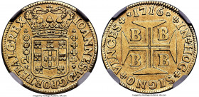 João V gold 2000 Reis 1716-B AU Details (Cleaned) NGC, Bahia mint, KM105, LMB-55, Guimaraes-1715-2.2. A lightly handled specimen, showing well-defined...