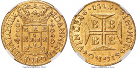 João V gold 4000 Reis 1715-B MS63 NGC, Bahia mint, KM106, LMB-61, Guimaraes-1715-1.1 (5 known). An extremely elusive date, second key of the entire is...