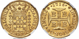 João V gold 4000 Reis 1716-B UNC Details (Environmental Damage) NGC, Bahia mint, KM106, LMB-62, Guimaraes-1716-1.1. Fully-engraved with intricate moti...