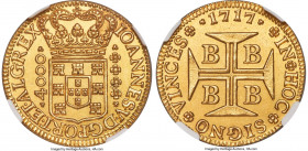 João V gold 4000 Reis 1717-B UNC Details (Saltwater Damage) NGC, Bahia mint, KM106, LMB-63, Guimaraes-1717-1.1. Struck with fresh dies, exhibiting nee...
