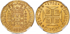 João V gold 4000 Reis 1718-B UNC Details (Cleaned) NGC, Bahia mint, KM106, LMB-64, Guimaraes-1718-1.1. Displaying precisely struck surfaces with a mut...