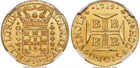 João V gold 4000 Reis 1719-B UNC Details (Saltwater Damage) NGC, Bahia mint, KM106, LMB-65, Guimaraes-1719-1.1. A piece that was lost at sea shortly a...