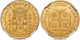 João V gold 4000 Reis 1720-B AU Details (Removed From Jewelry) NGC, Bahia mint, KM106, LMB-66, Guimaraes-1720-1.1. Though once proudly hung as an orna...