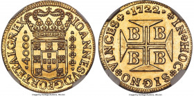 João V gold 4000 Reis 1722-B UNC Details (Cleaned) NGC, Bahia mint, KM106, LMB-68, Guimaraes-1722-1.1. Soundly struck and crisp, showing hints of lust...
