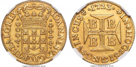 João V gold 4000 Reis 1723-B AU Details (Reverse Spot Removed) NGC, Bahia mint, KM106, LMB-69, Guimaraes-1723-1.1. Showing lovely antique-gold surface...