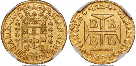 João V gold 4000 Reis 1724-B AU58 NGC, Bahia mint, KM106, LMB-70, Guimaraes-1724-1.1. Short from a Mint state designation, displaying sharp devices an...
