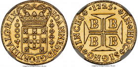 João V gold 4000 Reis 1725-B AU Details (Polished) NGC, Bahia mint, KM106, LMB-71, Guimaraes-1725-1.1. An affordable example of this popular issue, be...