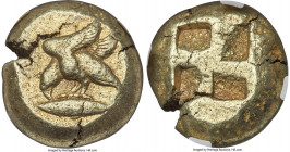 MYSIA. Cyzicus. Ca. 500-450 BC. EL stater (19mm, 15.72 gm). NGC VF 4/5 - 4/5. Eagle standing left, wings open, pecking at tunny fish below / Quadripar...