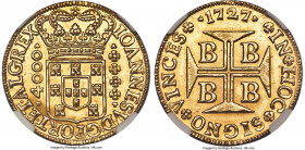 João V gold 4000 Reis 1727-B MS61 NGC, Bahia mint, KM106, LMB-73, Guimaraes-1727-1.1. The last year of this long-lived issue, presenting semi-glassy s...