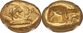 LYDIAN KINGDOM. Croesus (561-546 BC). AV stater (15mm, 8.04 gm). NGC Choice MS S 5/5 - 4/5. Sardes, "light" standard, ca. 550-546 BC. Confronted forep...