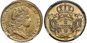 João V gold 12800 Reis (Dobra) 1727-B AU Details (Spot Removals) NGC, Bahia mint, KM138 (Rare), LMB-85, Guimaraes-1727-2a. First shield. Fleur-de-Lis ...