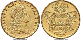 João V gold 12800 Reis (Dobra) 1730-B XF (Engraved Devices), Bahia mint, KM141 (Rare), LMB-101, Guimaraes-1730-1a. Second shield. Fleur-de-Lis over di...