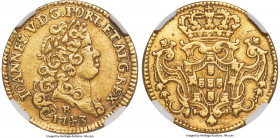 João V gold 1600 Reis 1743-B AU Details (Obverse Scratched) NGC, Bahia mint, KM128, LMB-121 (this coin), Guimaraes-1743-1.1. 4th shield. A highly scar...