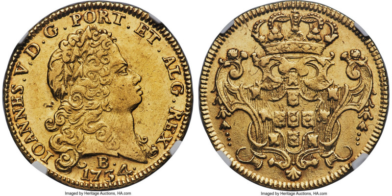 João V gold 6400 Reis (Peça) 1734-B AU53 NGC, Bahia mint, KM151 (Rare), LMB-134,...