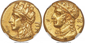 CYPRUS. Salamis. Pnytagoras (ca. 351-332/1 BC). AV stater (15mm, 8.28 gm, 12h). NGC AU S 5/5 - 4/5. ΠN, draped bust of Aphrodite left, wearing turrete...