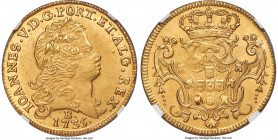 João V gold 6400 Reis (Peça) 1735-B UNC Details (Cleaned) NGC, Bahia mint, KM151, LMB-135, Guimaraes-1735-1.1 (5 known). Fourth shield. Another rarity...