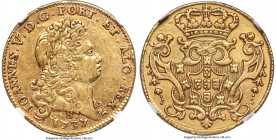 João V gold 6400 Reis (Peça) 1737-B XF45 NGC, Bahia mint, KM151, LMB-137, Guimaraes-1737-2.2. Fourth shield. No dot after date variety. Second finest ...