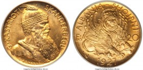 Zog I gold "Prince Skanderbeg" 20 Franga Ari 1927-V MS65 PCGS, Vienna mint, KM12. Mintage: 5,053. This coin exemplifies its Gem Mint State designation...