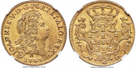 João V gold 6400 Reis (Peça) 1743-B AU58 NGC, Bahia mint, KM151, LMB-143, Guimaraes-1743-2.2. Fourth shield. No dot after mintmark variety. A shadow o...