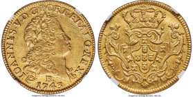 João V gold 6400 Reis (Peça) 1743-B AU55 NGC, Bahia mint, KM151, LMB-143, Guimaraes-1743-1.1. Fourth shield. Dot after mintmark variety. Another piece...