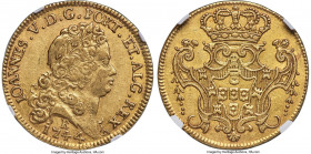 João V gold 6400 Reis (Peça) 1744-B AU53 NGC, Bahia mint, KM151, LMB-144, Guimaraes-1744-2.2. Fourth shield. No dot after date variety. A lightly hand...