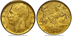Zog I gold 100 Franga Ari 1926-R MS62 NGC, Rome mint, KM11.3, Fr-1. Variety with two stars below bust. A popular type, presenting sharp devices and lu...