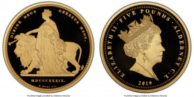 British Dependency. Elizabeth II gold Proof "Una and the Lion" 5 Pounds 2019 PR69 Deep Cameo PCGS, Commonwealth mint, KM-Unl. Mintage: 400. A beautifu...
