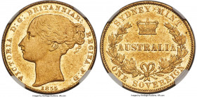 Victoria gold Sovereign 1855-SYDNEY AU53 NGC, Sydney mint, KM2. Limited by moderate wear to the devices and contact marks in the fields, the regions o...