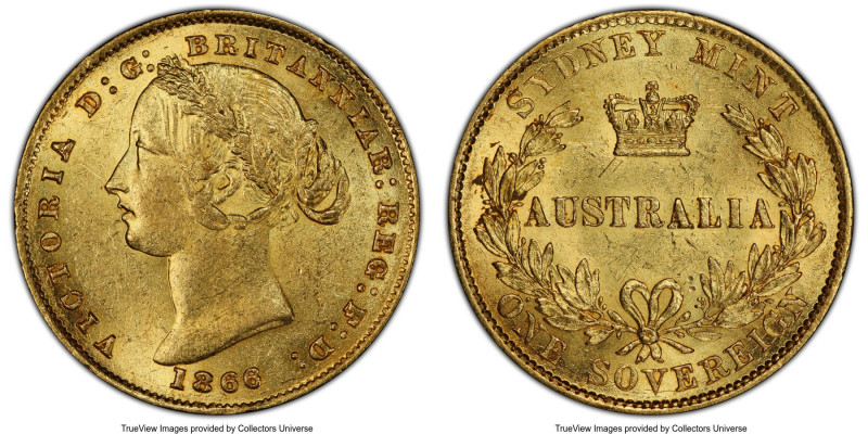 Victoria gold Sovereign 1866-SYDNEY MS62 PCGS, Sydney mint, KM4. A near choice e...