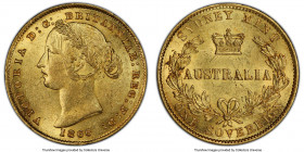 Victoria gold Sovereign 1866-SYDNEY MS62 PCGS, Sydney mint, KM4. A near choice example of this elusive early Australian type with canary-gold fields a...
