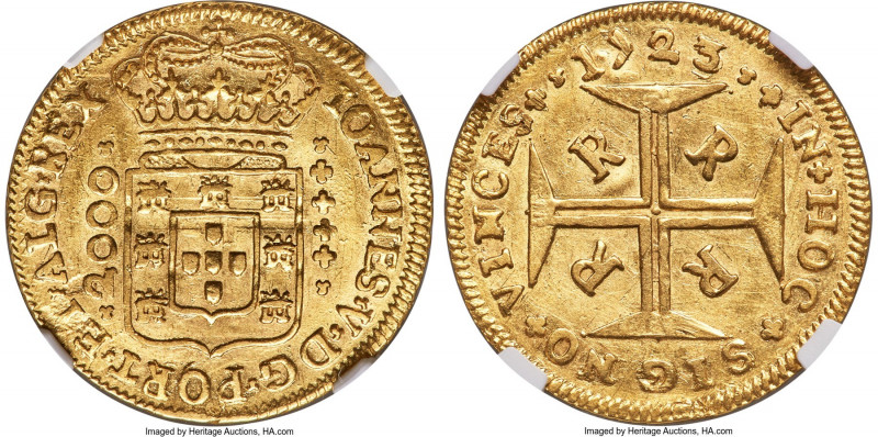 João V gold 2000 Reis 1723/2-R AU Details (Bent) NGC, Rio de Janeiro mint, KM112...