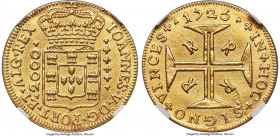 João V gold 2000 Reis 1725-R AU Details (Removed From Jewelry) NGC, Rio de Janeiro mint, KM112, LMB-157, Guimaraes-1725-1.1. First type. Showing fully...