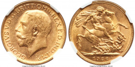 George V gold Sovereign 1926-P MS62 NGC, Perth mint, KM29, S-4001. A lustrous champagne and honey-toned specimen with captivatingly crisp devices, par...