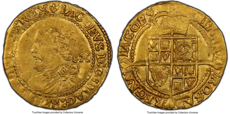 James I gold 1/2 Laurel ND (1623-1624) AU58 PCGS, Tower mint, Lis mm, Third Coin...