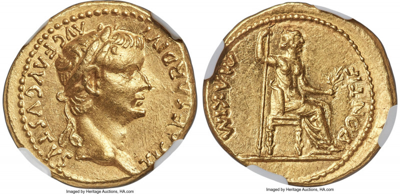 Tiberius (AD 14-37). AV aureus (20mm, 7.88 gm, 7h). NGC Choice AU 5/5 - 3/5. Lug...