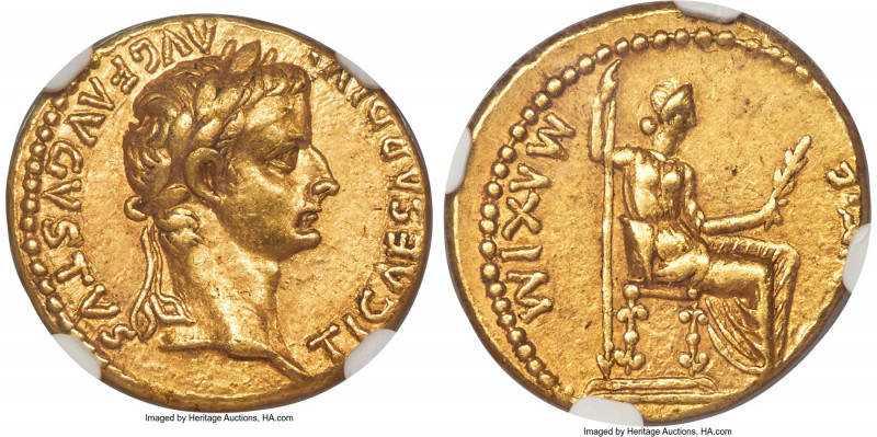 Tiberius (AD 14-37). AV aureus (18mm, 7.80 gm, 7h). NGC AU S 4/5 - 4/5. Lugdunum...