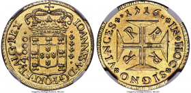 João V gold 4000 Reis 1716-R AU Details (Edge Damage, Cleaned) NGC, Rio de Janeiro mint, KM102, LMB-168, Guimaraes-1716-1.1. Showing satin golden surf...